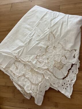 Vintage Cotton Full Beige Flat Sheet Embroidered Floral Crochet French Country